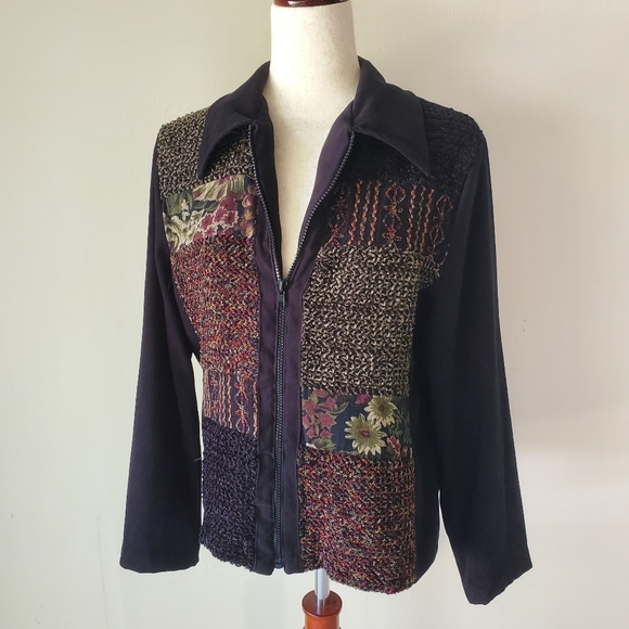 Vintage Fall 90s Black Patchwork Medium Jacket 90s Y2K Autumn Dark Academia - Picture 1 of 13